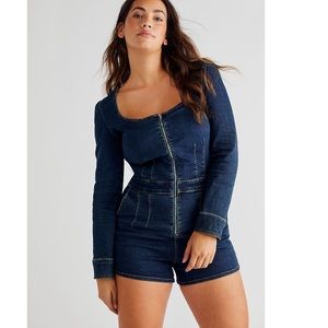 Free People CRVY High Society Playsuit Denim Romper short suit 10